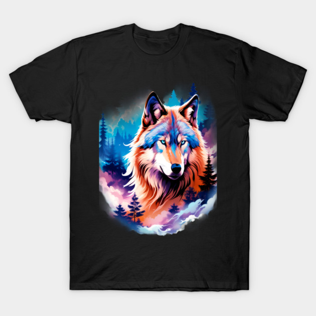 A Grey Wolf with Mountains, Floral Elements, Forests, Trees T-Shirt by BirdsnStuff