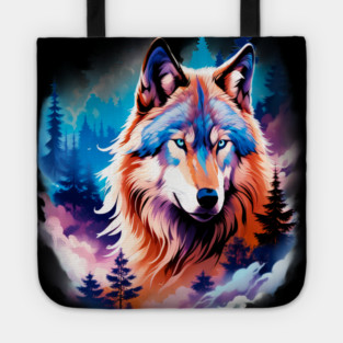 A Grey Wolf with Mountains, Floral Elements, Forests, Trees Tote