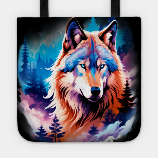 A Grey Wolf with Mountains, Floral Elements, Forests, Trees Tote by BirdsnStuff