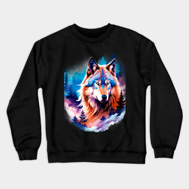 A Grey Wolf with Mountains, Floral Elements, Forests, Trees Crewneck Sweatshirt by BirdsnStuff