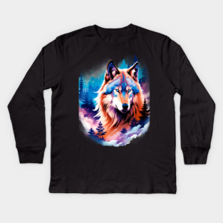 A Grey Wolf with Mountains, Floral Elements, Forests, Trees Kids Long Sleeve T-Shirt