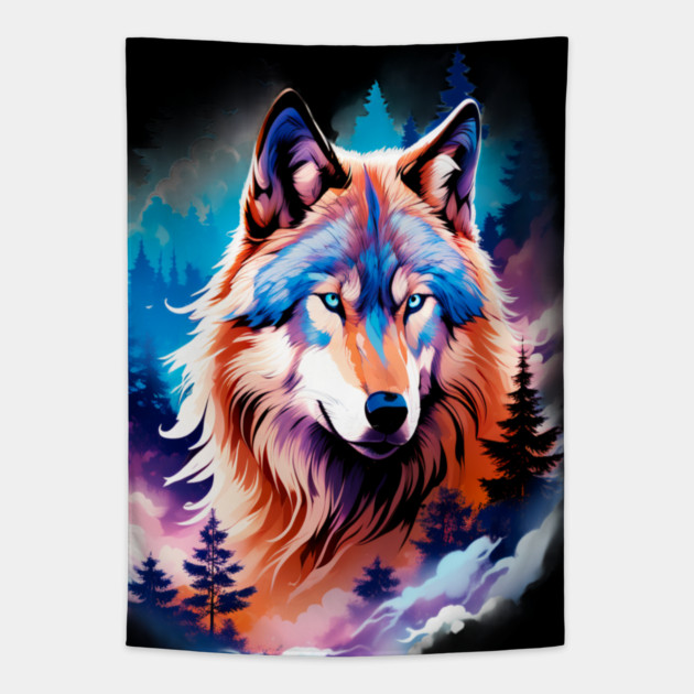 A Grey Wolf with Mountains, Floral Elements, Forests, Trees Tapestry by BirdsnStuff