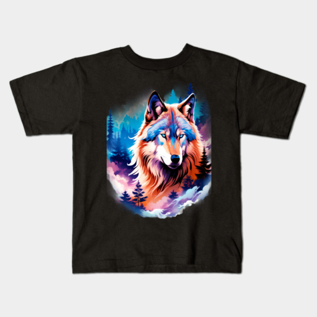 A Grey Wolf with Mountains, Floral Elements, Forests, Trees Kids T-Shirt by BirdsnStuff
