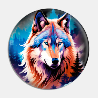 A Grey Wolf with Mountains, Floral Elements, Forests, Trees Pin
