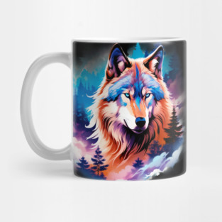 A Grey Wolf with Mountains, Floral Elements, Forests, Trees Mug