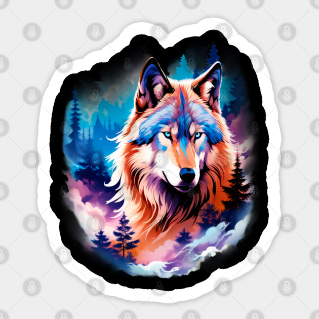 A Grey Wolf with Mountains, Floral Elements, Forests, Trees Sticker by BirdsnStuff