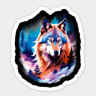 A Grey Wolf with Mountains, Floral Elements, Forests, Trees Magnet