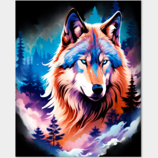 A Grey Wolf with Mountains, Floral Elements, Forests, Trees Posters and Art