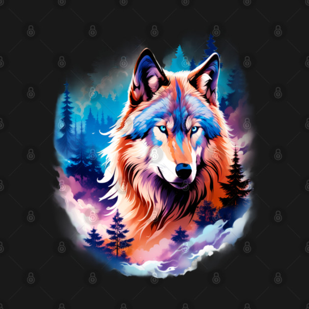 A Grey Wolf with Mountains, Floral Elements, Forests, Trees by BirdsnStuff