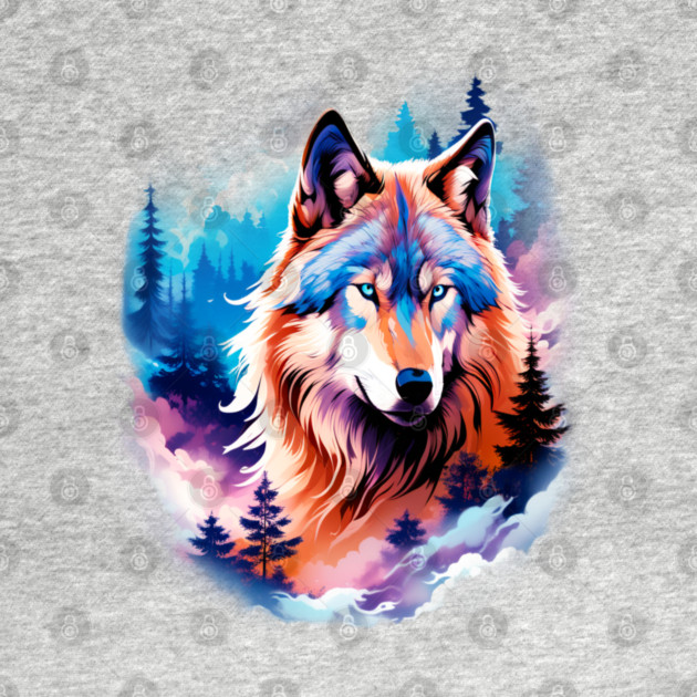A Grey Wolf with Mountains, Floral Elements, Forests, Trees by BirdsnStuff
