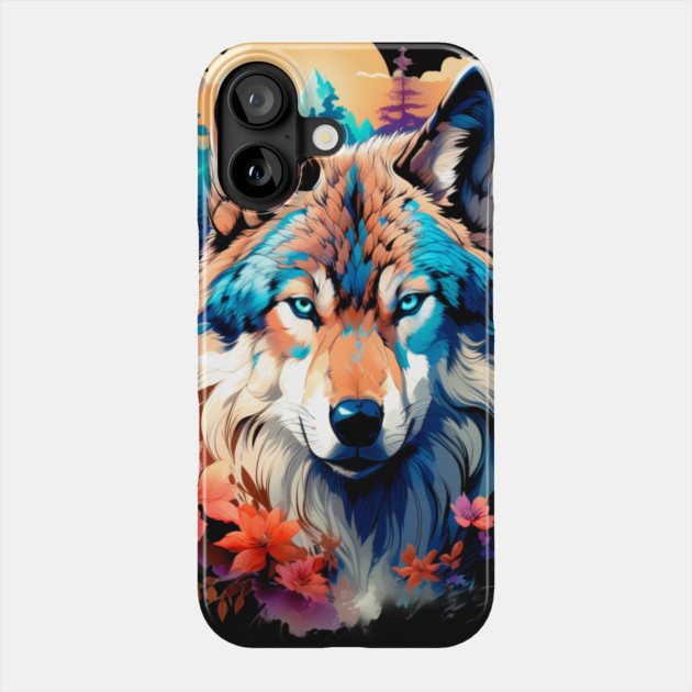 A Grey Wolf with Mountains, Floral Elements, Forests, Trees Phone Case by BirdsnStuff