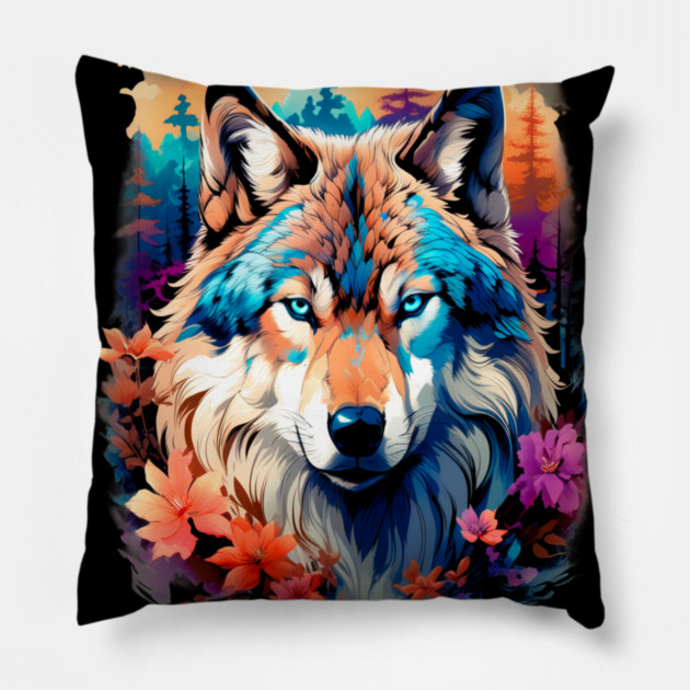 A Grey Wolf with Mountains, Floral Elements, Forests, Trees Pillow by BirdsnStuff
