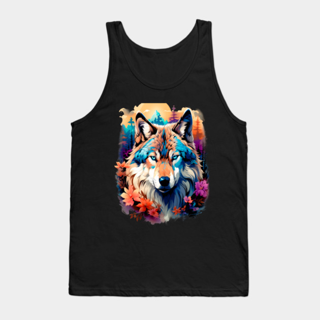 A Grey Wolf with Mountains, Floral Elements, Forests, Trees Tank Top by BirdsnStuff