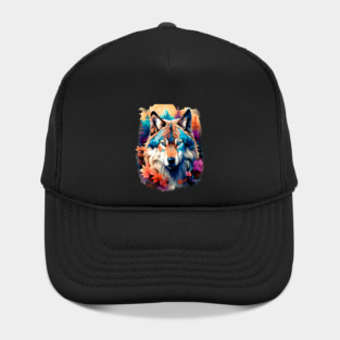 A Grey Wolf with Mountains, Floral Elements, Forests, Trees Hat