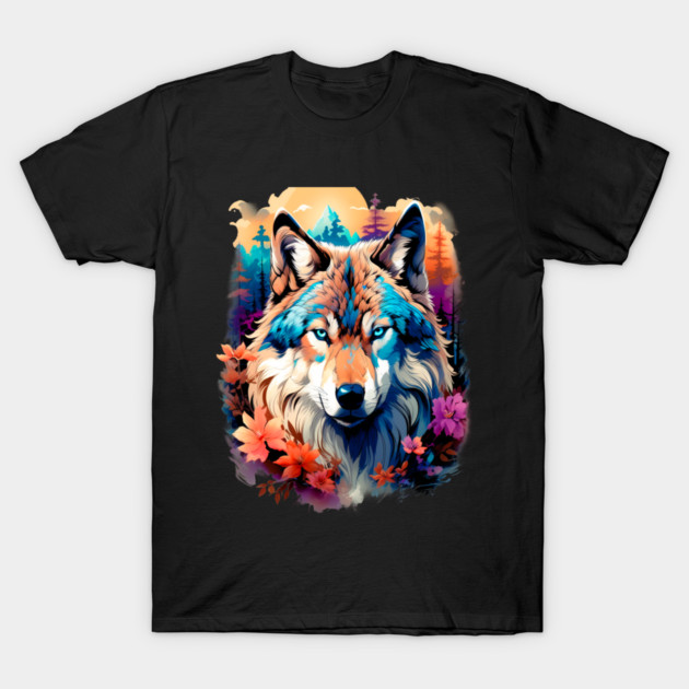 A Grey Wolf with Mountains, Floral Elements, Forests, Trees T-Shirt by BirdsnStuff
