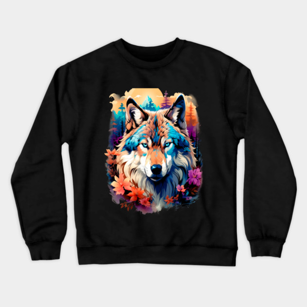 A Grey Wolf with Mountains, Floral Elements, Forests, Trees Crewneck Sweatshirt by BirdsnStuff
