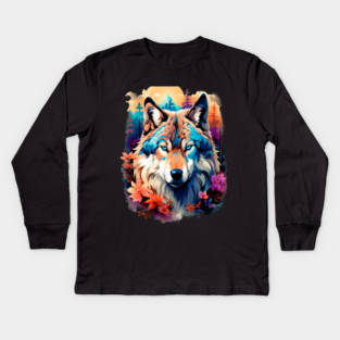 A Grey Wolf with Mountains, Floral Elements, Forests, Trees Kids Long Sleeve T-Shirt