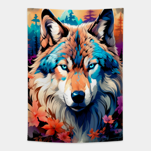 A Grey Wolf with Mountains, Floral Elements, Forests, Trees Tapestry by BirdsnStuff