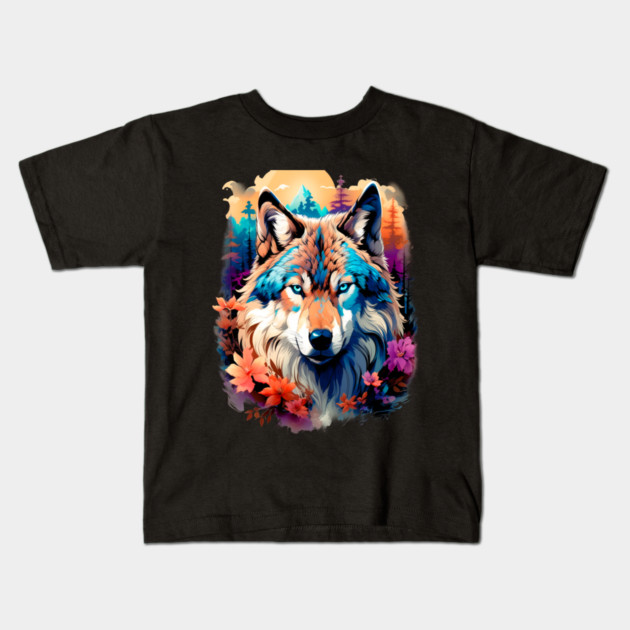 A Grey Wolf with Mountains, Floral Elements, Forests, Trees Kids T-Shirt by BirdsnStuff
