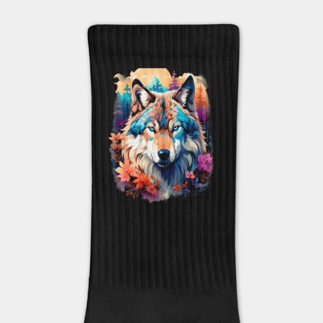 A Grey Wolf with Mountains, Floral Elements, Forests, Trees by BirdsnStuff