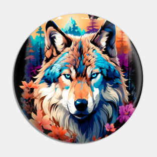 A Grey Wolf with Mountains, Floral Elements, Forests, Trees Pin