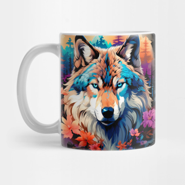 A Grey Wolf with Mountains, Floral Elements, Forests, Trees by BirdsnStuff
