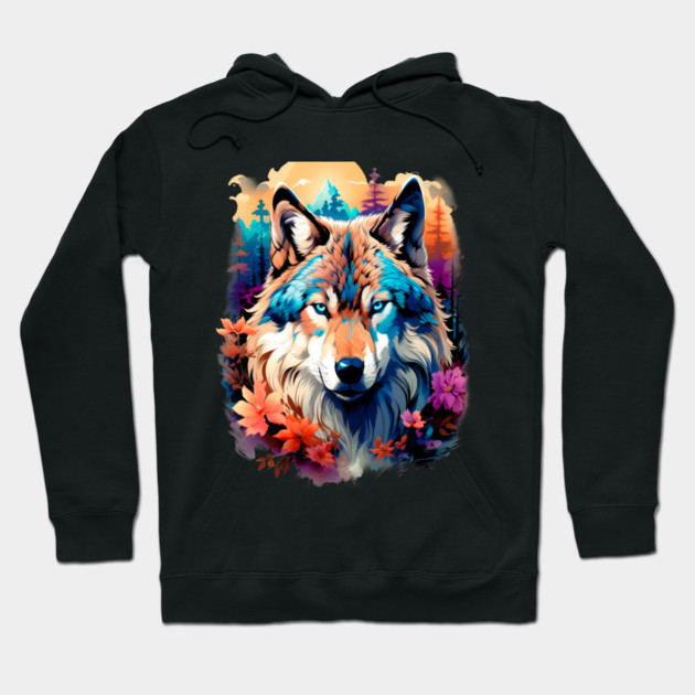A Grey Wolf with Mountains, Floral Elements, Forests, Trees Hoodie by BirdsnStuff