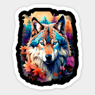 A Grey Wolf with Mountains, Floral Elements, Forests, Trees Sticker