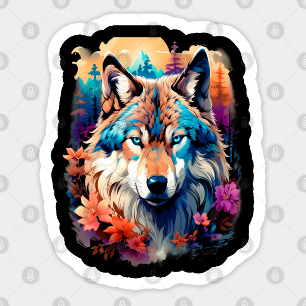 A Grey Wolf with Mountains, Floral Elements, Forests, Trees Sticker by BirdsnStuff