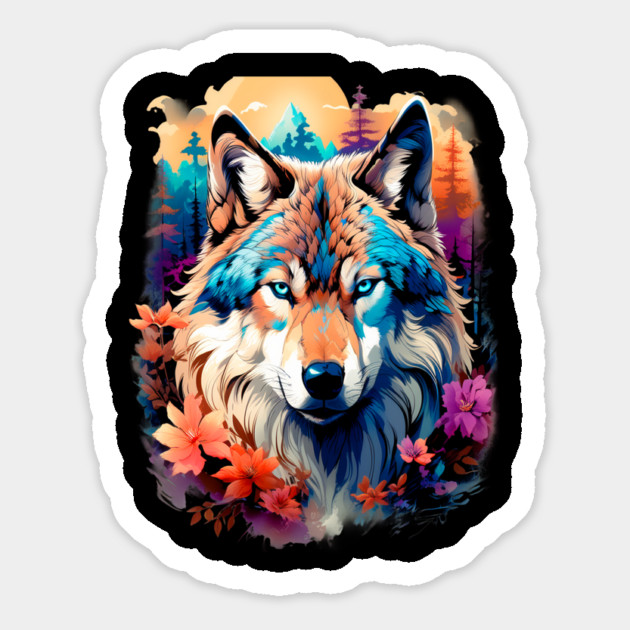 A Grey Wolf with Mountains, Floral Elements, Forests, Trees Magnet by BirdsnStuff