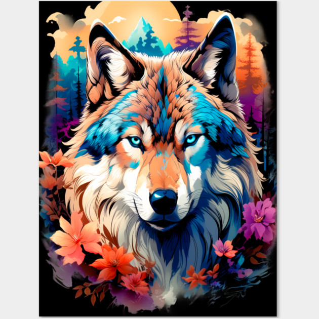 A Grey Wolf with Mountains, Floral Elements, Forests, Trees Wall Art by BirdsnStuff