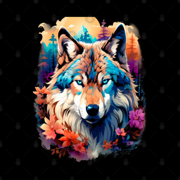 A Grey Wolf with Mountains, Floral Elements, Forests, Trees by BirdsnStuff