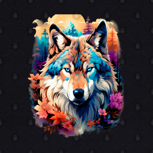 A Grey Wolf with Mountains, Floral Elements, Forests, Trees by BirdsnStuff