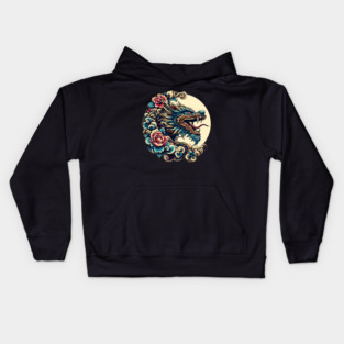 Fierce Dragon and Floral Moon Artwork – Mythical Graphic Gift Kids Hoodie