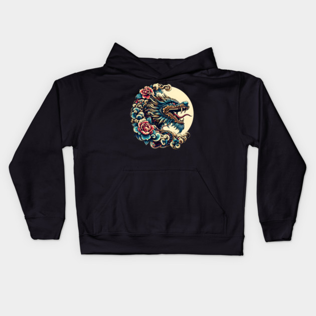 Fierce Dragon and Floral Moon Artwork – Mythical Graphic Gift Kids Hoodie by MakerMind8.2