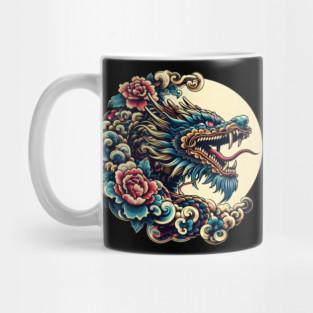 Fierce Dragon and Floral Moon Artwork – Mythical Graphic Gift Mug