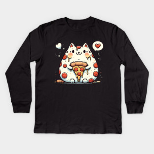 Funny Fat Cat with Pizza Skin, Funny Pizza Lover Kids Long Sleeve T-Shirt