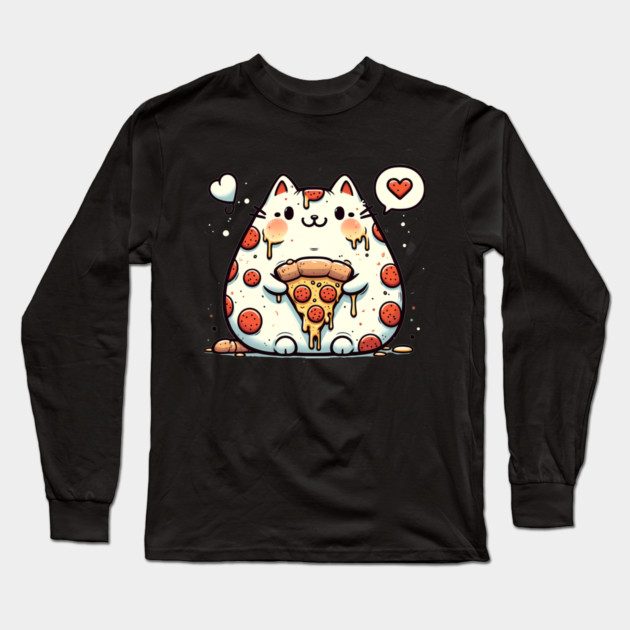 Funny Fat Cat with Pizza Skin, Funny Pizza Lover Long Sleeve T-Shirt by logiamerch