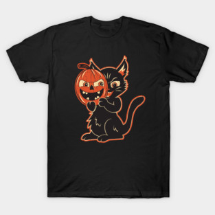 Vintage Halloween Black Cat With Pumpkin Mask T-Shirt