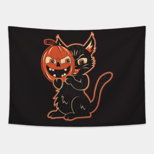 Vintage Halloween Black Cat With Pumpkin Mask Tapestry