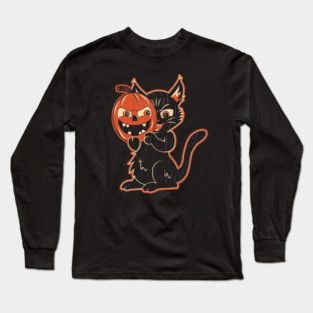 Vintage Halloween Black Cat With Pumpkin Mask Long Sleeve T-Shirt