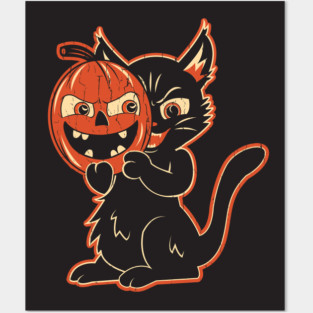 Vintage Halloween Black Cat With Pumpkin Mask Posters and Art