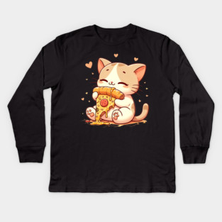 Cute kawaii Eating Pizza, Funny Pizza lover Kids Long Sleeve T-Shirt