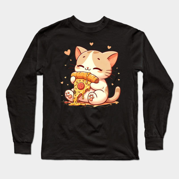 Cute kawaii Eating Pizza, Funny Pizza lover Long Sleeve T-Shirt by logiamerch