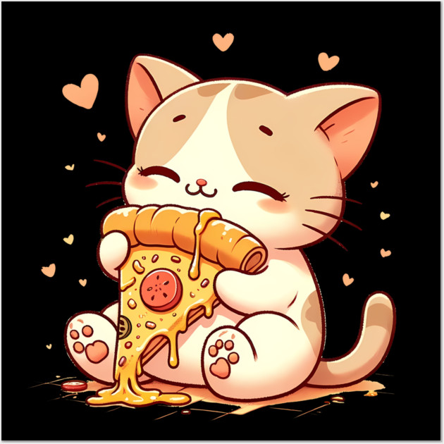Cute kawaii Eating Pizza, Funny Pizza lover Wall Art by logiamerch