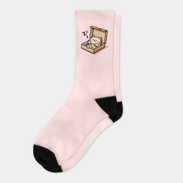 Cute Cat Sleeping inside Pizza Box Socks by logiamerch