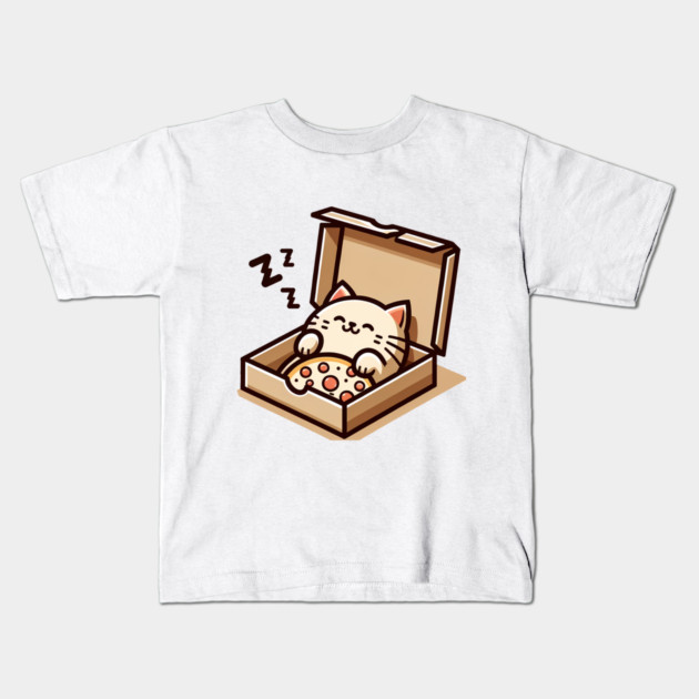 Cute Cat Sleeping inside Pizza Box Kids T-Shirt by logiamerch
