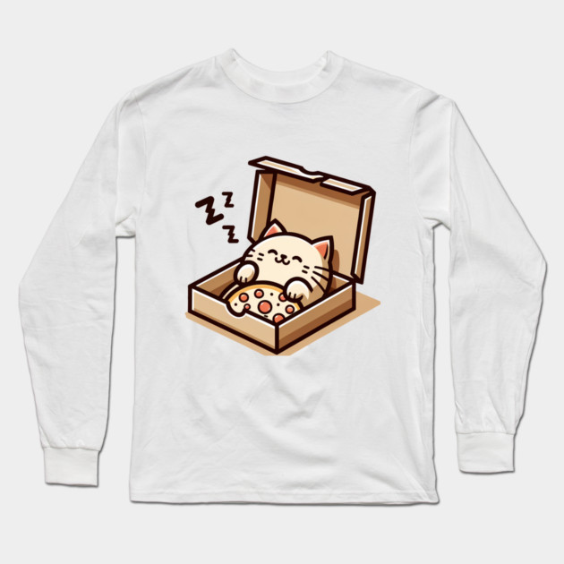 Cute Cat Sleeping inside Pizza Box Long Sleeve T-Shirt by logiamerch