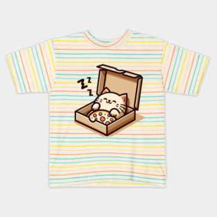 Cute Cat Sleeping inside Pizza Box Kids T-Shirt
