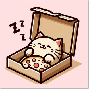 Cute Cat Sleeping inside Pizza Box Posters and Art